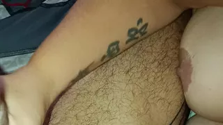 A young blonde jerks off a guy .he caresses her big breasts and her beautiful pink nipples