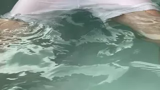 Pool cum in revealing shorts and t-shirt