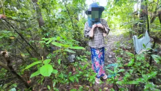 Thai girls walking in the forest stop by to each other. Before picking mushrooms Thai Audio4K
