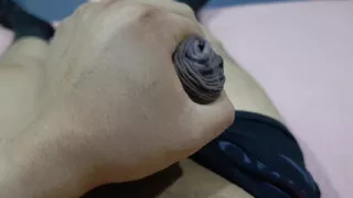 I massage my big cock on the hotel bed at night to really relax.