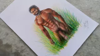 Erotic Art Or Drawing of A Muscular Indian Desi Man exhibition his Big Black Cock outdoors among the Grasses