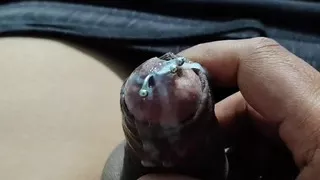 Handjob cum my pierced cock inside ballon