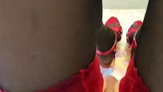 Thigh Cum In Black Nylons and Red High Heels