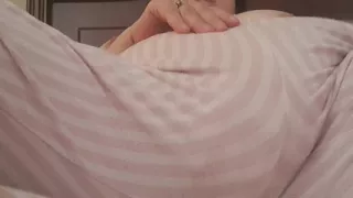 putting his fingers in her wet pussy, leaving his pants wet with a jet of orgasm