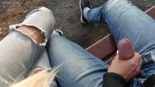 Girl Was Surprised to See Guy Jerking off Dick in the Park and Help Him Cum