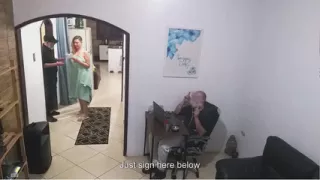 While the Husband Works, the Wife in a Towel Greets the Delivery Man