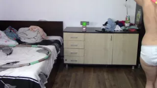 Sexy wife trains naked at home. Sexy brunette tries on stockings, hairy pussy, big ass, big tits.