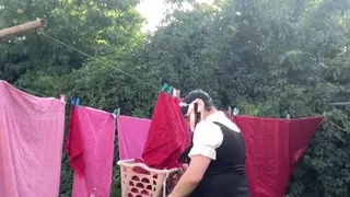 In an outfit with a new schoolgirl-style dress for an evening.