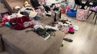 Hot sexy skinny girl in black stockings and leather skirt plays with balls and teases a big cock guy