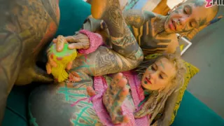 Trans Dark Leaves First Time Porn with Heavily Tattooed Couple. ATM, Facial