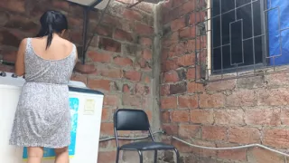 slut in the yard showing her pussy - under her dress