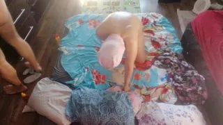 Sensual massage of a hot amateur couple with oil on the body. The woman masturbates me until I do