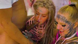 3 Heavily Tattooed Girls, 2 Guys - BBC & White Cock Orgy Mayhem