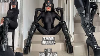 Mistress in Nylon Catsuit and Knee High Boots Humiliated You