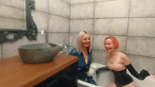 Bath Relax in Latex Rubber with Milk, Romantic Funny Fetish Video