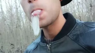Twink Uses Cum Filled Condom After Fuck Like Bubble Gum and Puts on a Condom on His Tongue