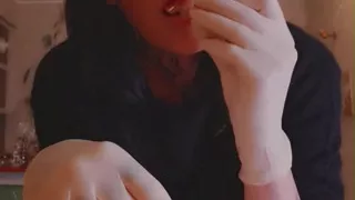 i'm hungry now eating salmon WHITE LATEX GLOVES GODDESSLOLLI