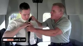 Muscle hunk gets young stud into the rescue van and gives him a safe space to share his fantasies