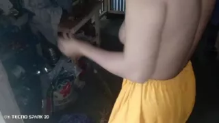 Girl Sweeping the Yard Naked in the Rain - Outdoor Scene