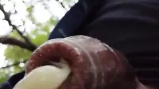 Boy Walks with Cum Filled Condom on His Uncut Dick After Fuck Outdoor