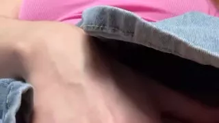 Young Blonde in Denim Skirt No Panties Close Up Wet Pussy