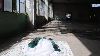 Cute Asian boy masturbates, moaning, ejaculating, and swallowing semen in a sunlit abandoned factory