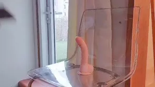 Horny schoolgirl rides a huge dildo on a Transparent chair with the view from underneath the chair. First dual camera try!