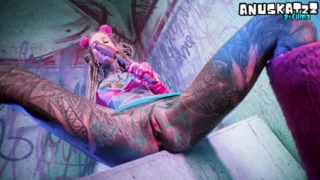 Dark Goth Babe with Full Sleeve Tats DP's Her Ass & Pussy Solo - Sweaty Toy Fucking & Ass-to-Mouth