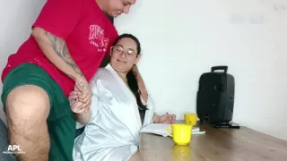 As I help my stepmom do some chores, I make her feel my hard cock on her back