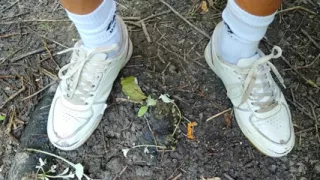 Piss and Cum - Cleaning Used White Sneakers with Pee and Cum and Pee Again in the Garden