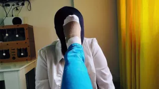 A slave gives me a foot massage in socks and sniffs my firm legs. Sock fetish, foot worship. POV.