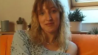 Lovely blonde with pierced tits rubs her pussy at the casting