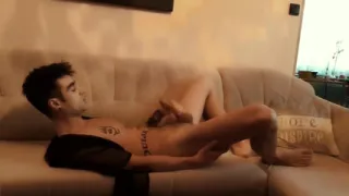 Barefoot Jerking off in Satin Jacket and Own Feet Worshiping