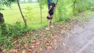 Thai Girl Walking Showing Along the Side of the Field Road in the Countryside Thai Outdoor Public