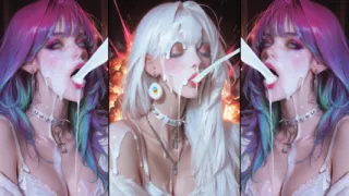 Anime characters get their faces thoroughly covered in cum.