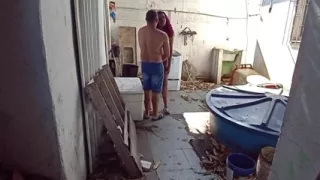 Putting it hot on the cleaning lady in the backyard