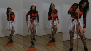 Naughty Maid Teases with Broom and Mop in a Dusty Room