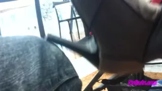 In the Bar Stroking My Husband with My Grey Mini Boots