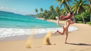 Two gorgeous voluptuous neko girls relaxing completely nude together on sunny tropical beach paradise