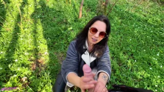 Forest Handjob: a Couple Gets Naughty - She Flashes Her Tits and Gives Him a Sneaky Handjob in the Woods