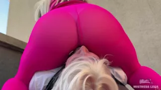 Intense Rooftop Nylon Ass Riding Boss Lady Non-stop Grinds Her Employee's Face in Shiny Pink Tights