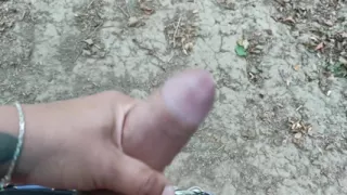 Jerk off Near Lake, Close up Looks on Big Glans and Cum to Lake