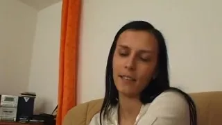 Brunette beauty masturbating before giving a blowjob in pov action