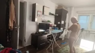 Sexy Brunette Doing Naked Chores Around the House