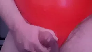 Chubby grandpa wearing red latex bodysuit wanking a semi and cumming for 3 minutes plus