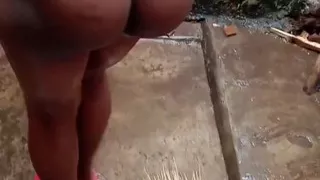 Curved shaped gf blooming outside,naked feeling herself