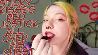 Sticky Kisses Red Lipstick All Over His Chest
