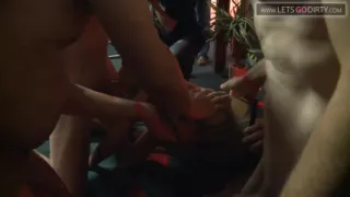 Hot girl gets cumspray allover body after sucking and fucking two huge cocks