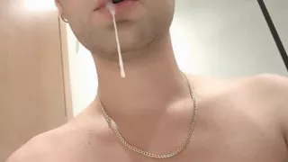Spitting Guys Cum and Licking It Again in Hotel Bathroom - Cum Play