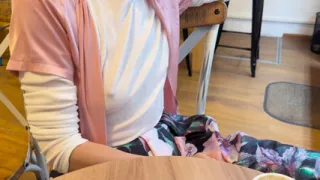 Extremely sexy white sheer blouse exposing my big hard pierced nipples in a coffee shop